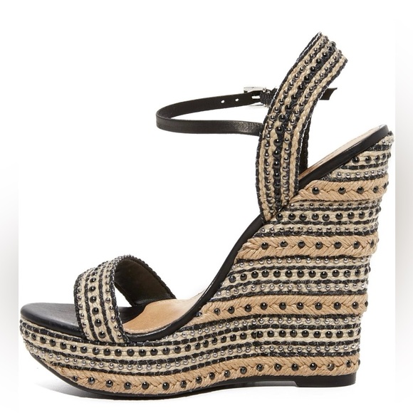 Schutz Black and Natural Espadrille Wedge Sandals with Stud Accents - Picture 2 of 11